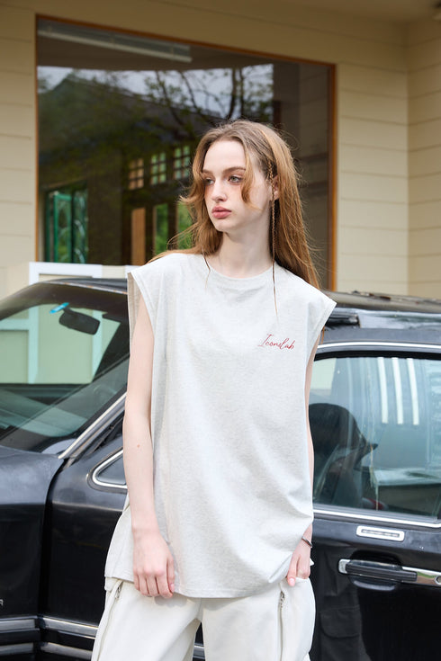 Handwritten Font Outer Wear Sleeveless Drop Shoulder Vest Unisex T-shirt